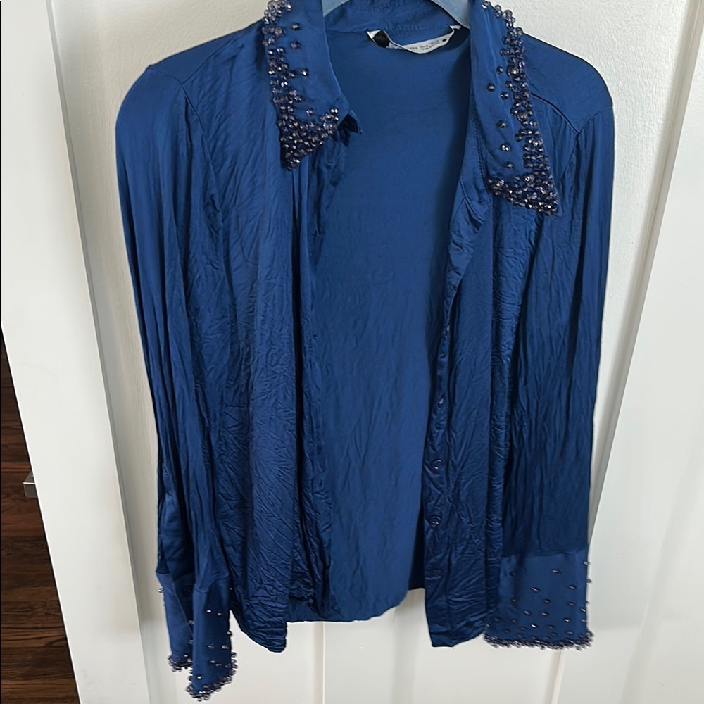 Blue Beaded Collar Shirt